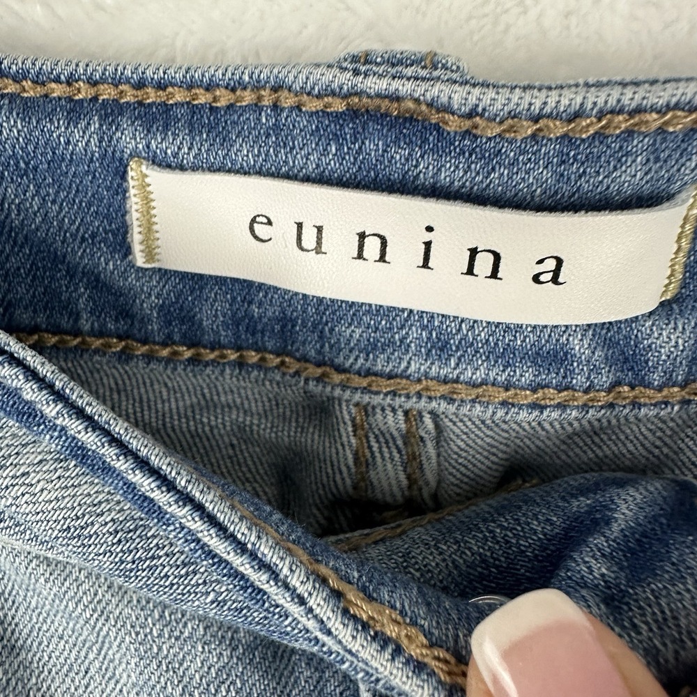 Eunina Womens Size M Kara Super High Rise Raw Hem Blue Jean High Low Roll Shorts - Picture 5 of 15